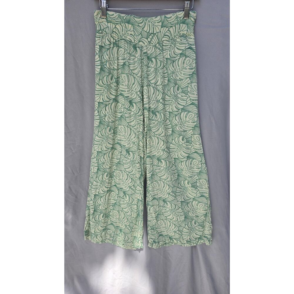 Makai Beach Pants Womens XL Green Tropical Leaf Print Capri Elastic Waist *holes
